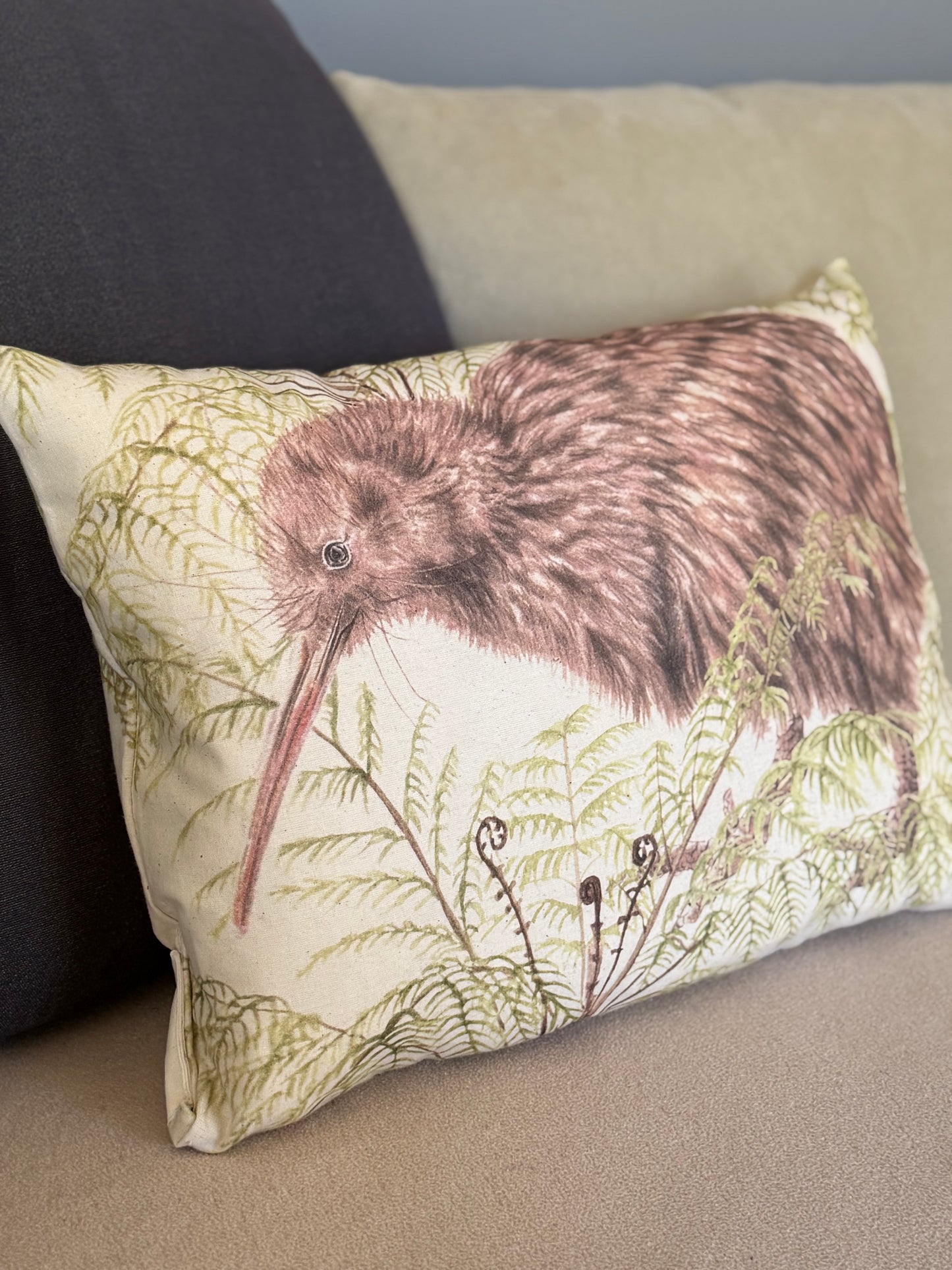 NEW ZEALAND BROWN KIWI AND SILVER FERN 100% COTTON CUSHION CASE