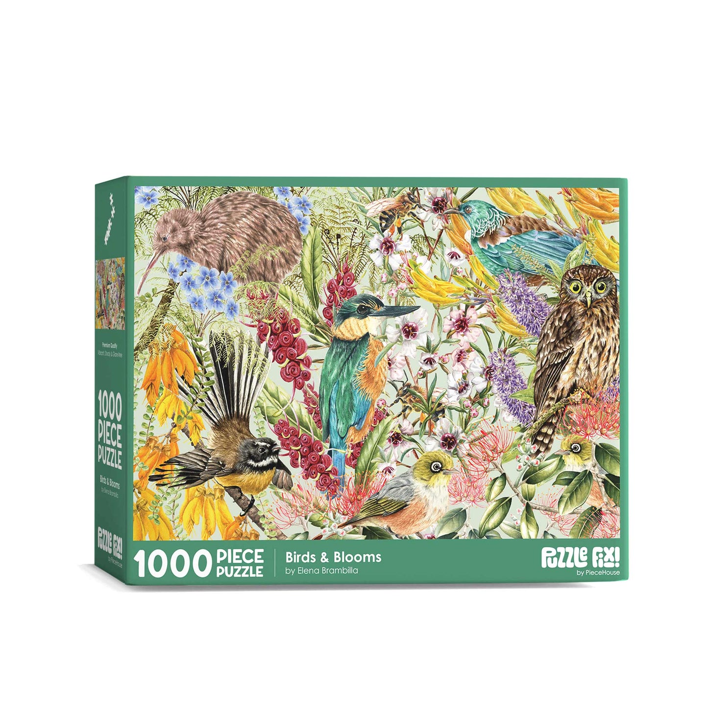 Jigsaw puzzle box featuring birds and flowers on a white background