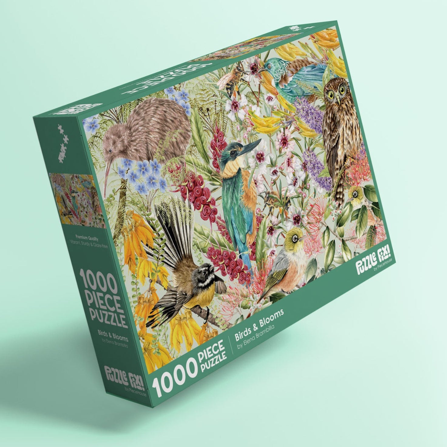 Jigsaw puzzle box with colorful bird and floral design on a light green background
