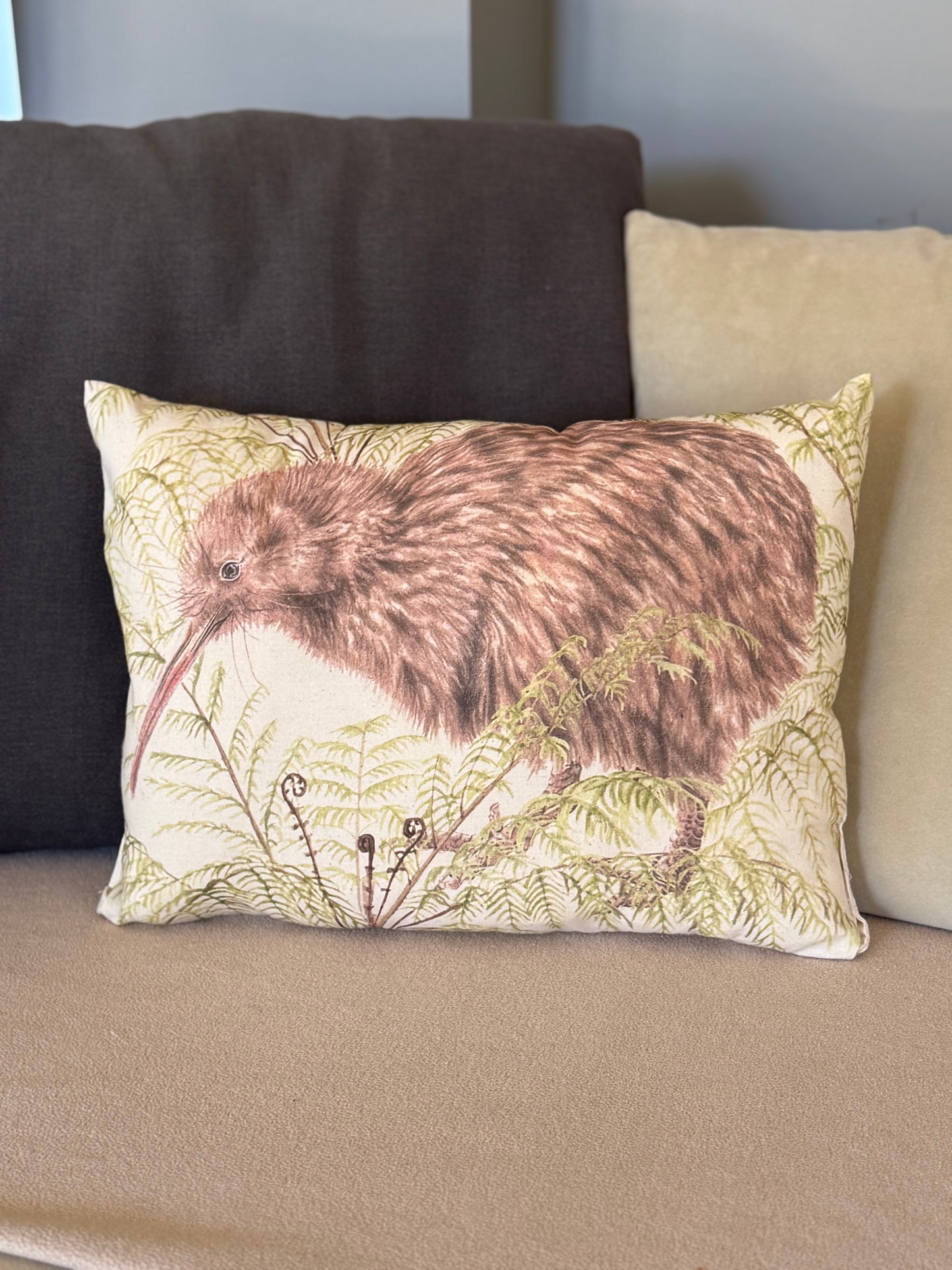 NEW ZEALAND BROWN KIWI AND SILVER FERN 100% COTTON CUSHION CASE